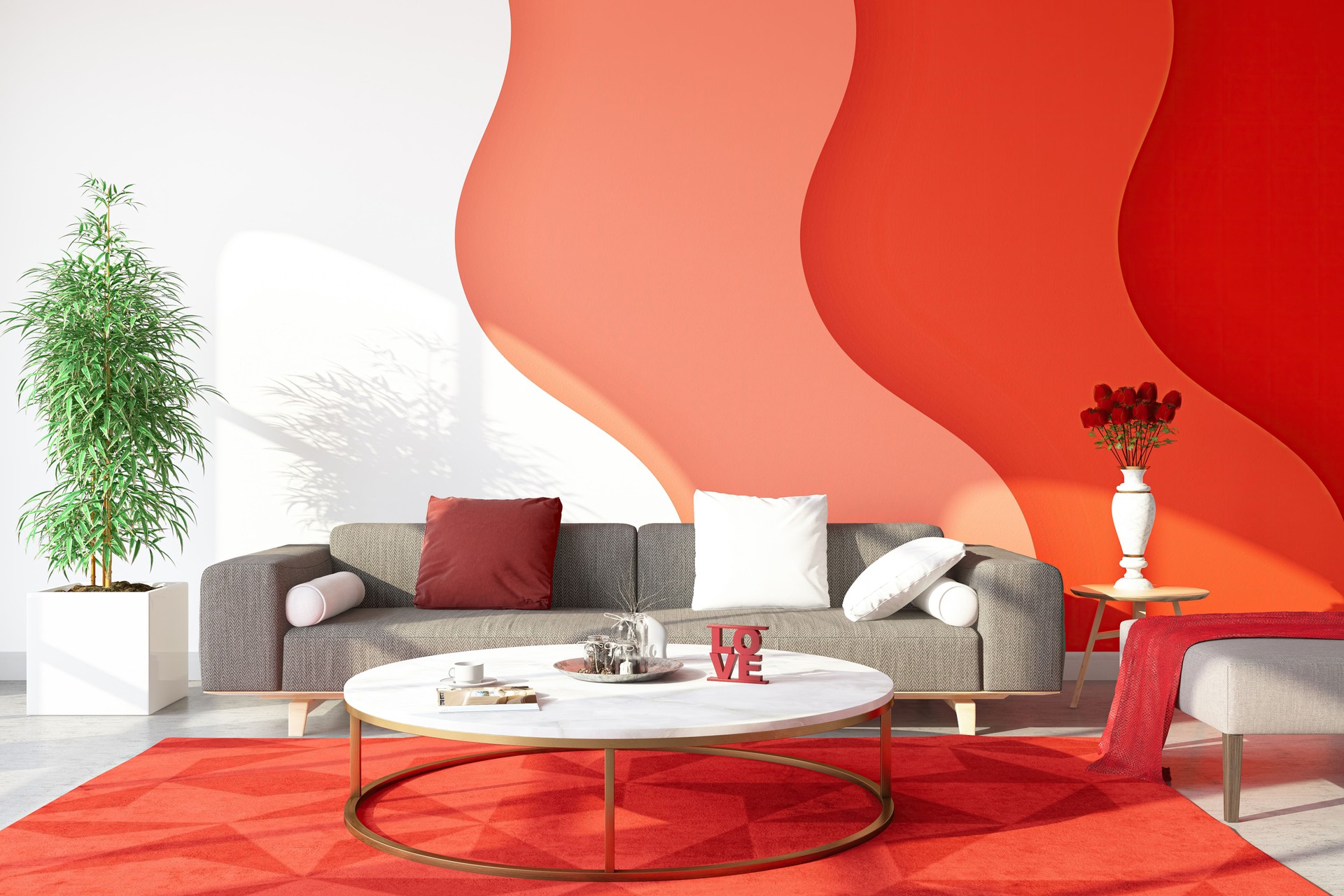 Room Interior with a Red Sofa and Home Decor for Valentine's Day